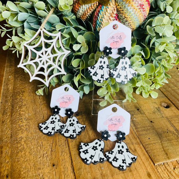 Halloween White Ghost w/ Black Flowers Earrings, RTS