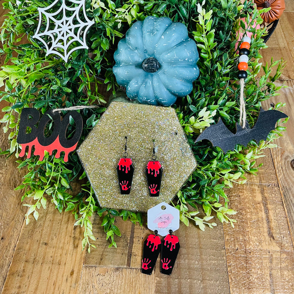 Halloween Black Coffin with Red Drip Earrings, RTS